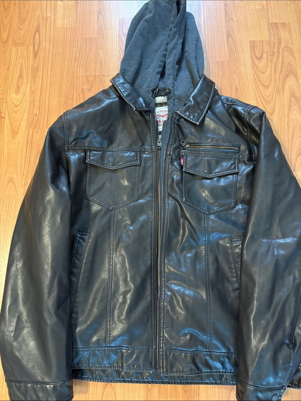 Levi's Black Faux Leather Bomber Jacket with Gray Hood
